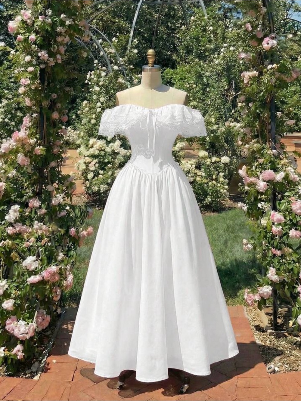Off-Shoulder White Maxi Dress with Lace Bodice